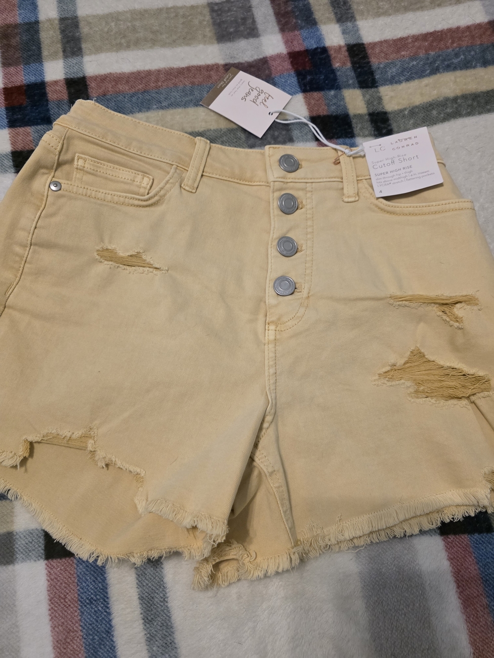 LC Lauren Conrad Pale Yellow Distressed Button-Fly Jean Shorts